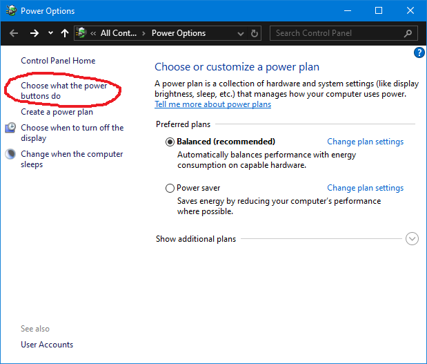 Windows Power Options